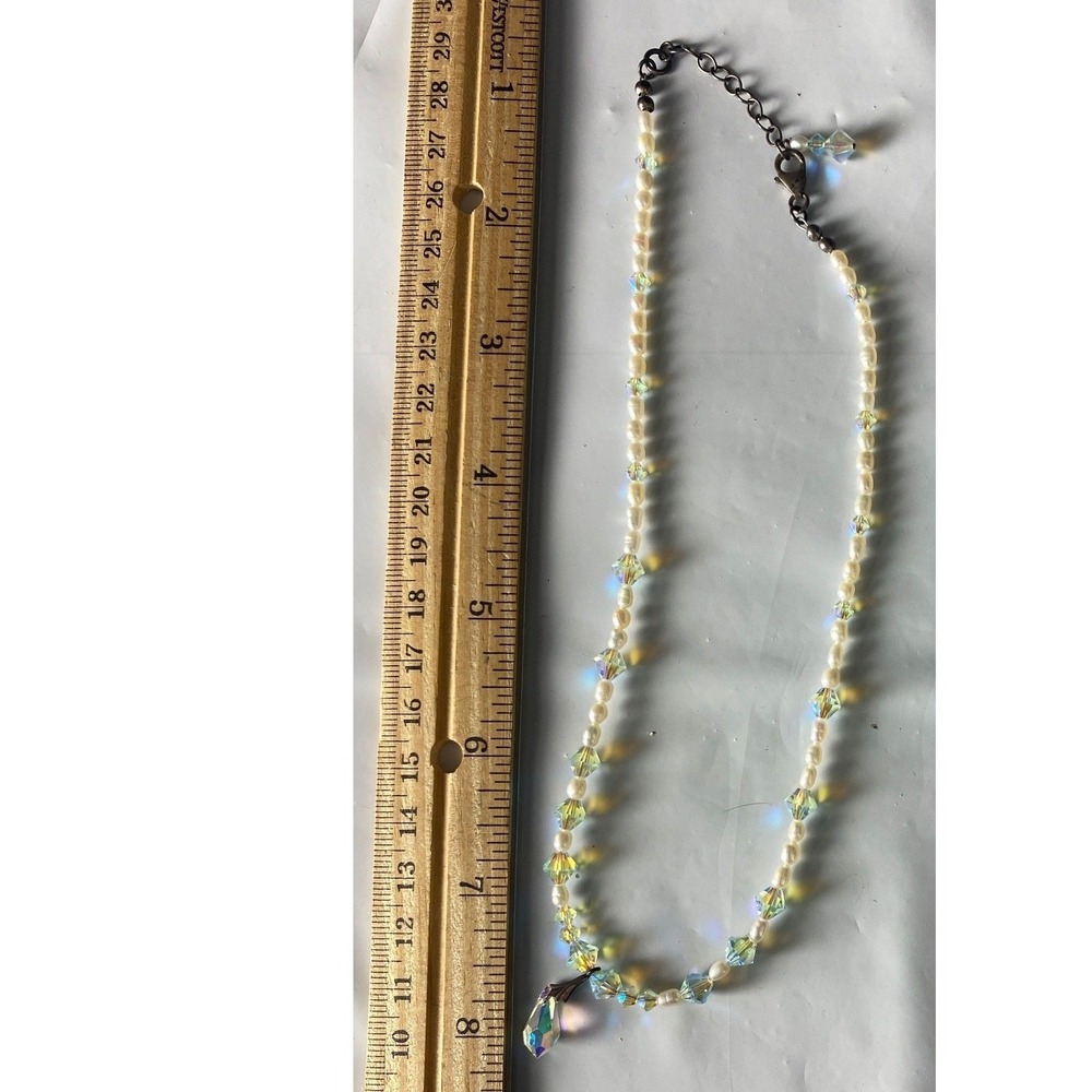 Vintage Faux Pearl & Aurora Borealis Crystal Beaded Choker Necklace Teardrop